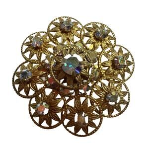 Vintage Gold Tone Round Floral Design Aurora Borealis Fashion Brooch 1.66 Inch